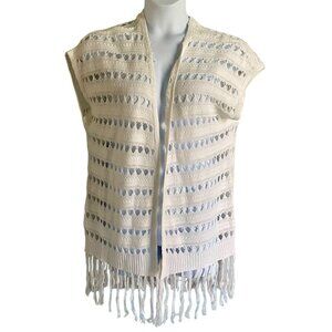 Jolie & Joy White Open Knit Sleeveless Cardigan Tassel Trim Junior's Size Medium